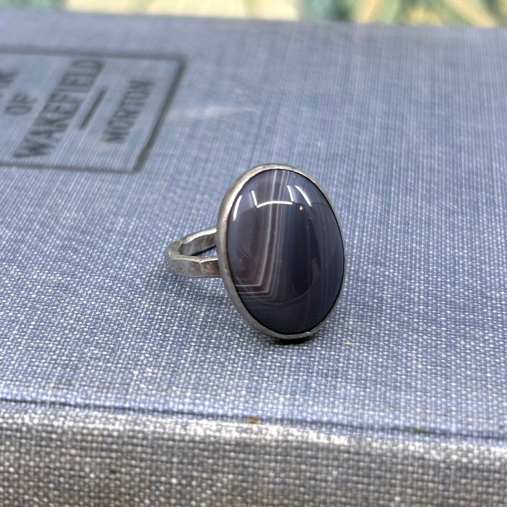 Handmade Gray Lace Agate Stone Cabochon Hammered Sterling Silver Ring Size 6